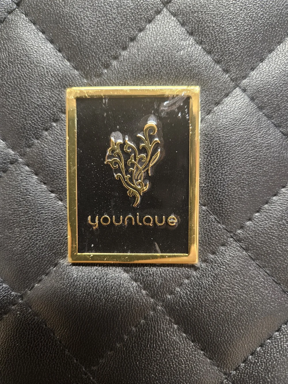 Younique Quilted Black Cosmetic Bag with Gold Plaque